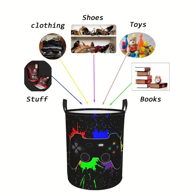 cesta de lavandería de lona redonda con diseño de mando de videojuego para ropa, juguetes y zapatos