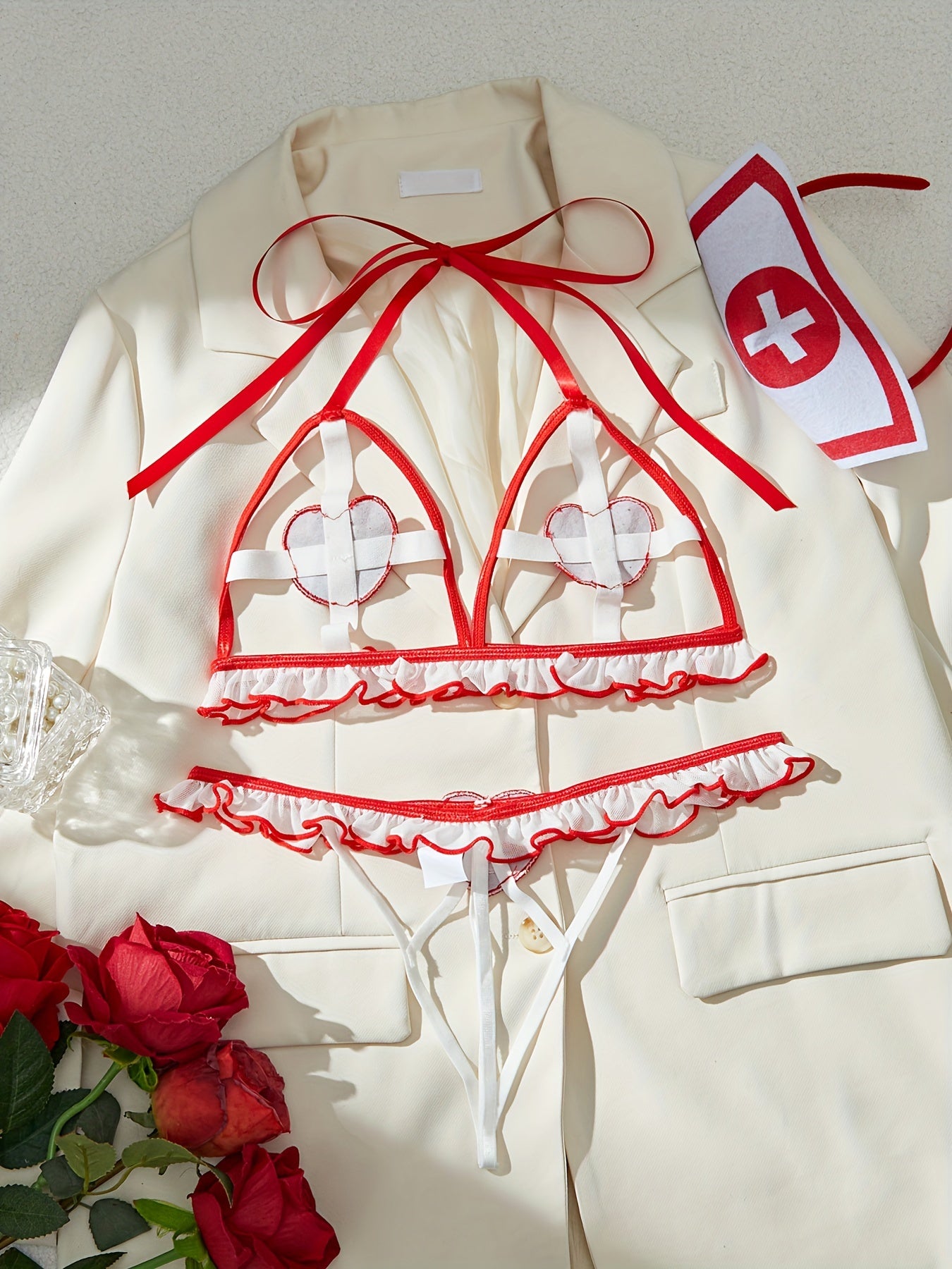 Sexy Nurse Cosplay Lingerie Set with Headband and Hollow Out Design