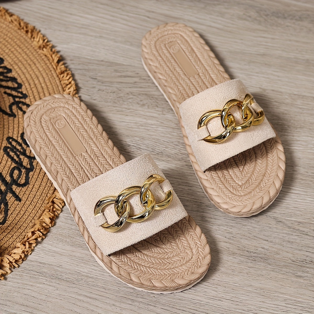 Women's Light Green Slide Sandals with Gold Chain Open Toe Casual Flats