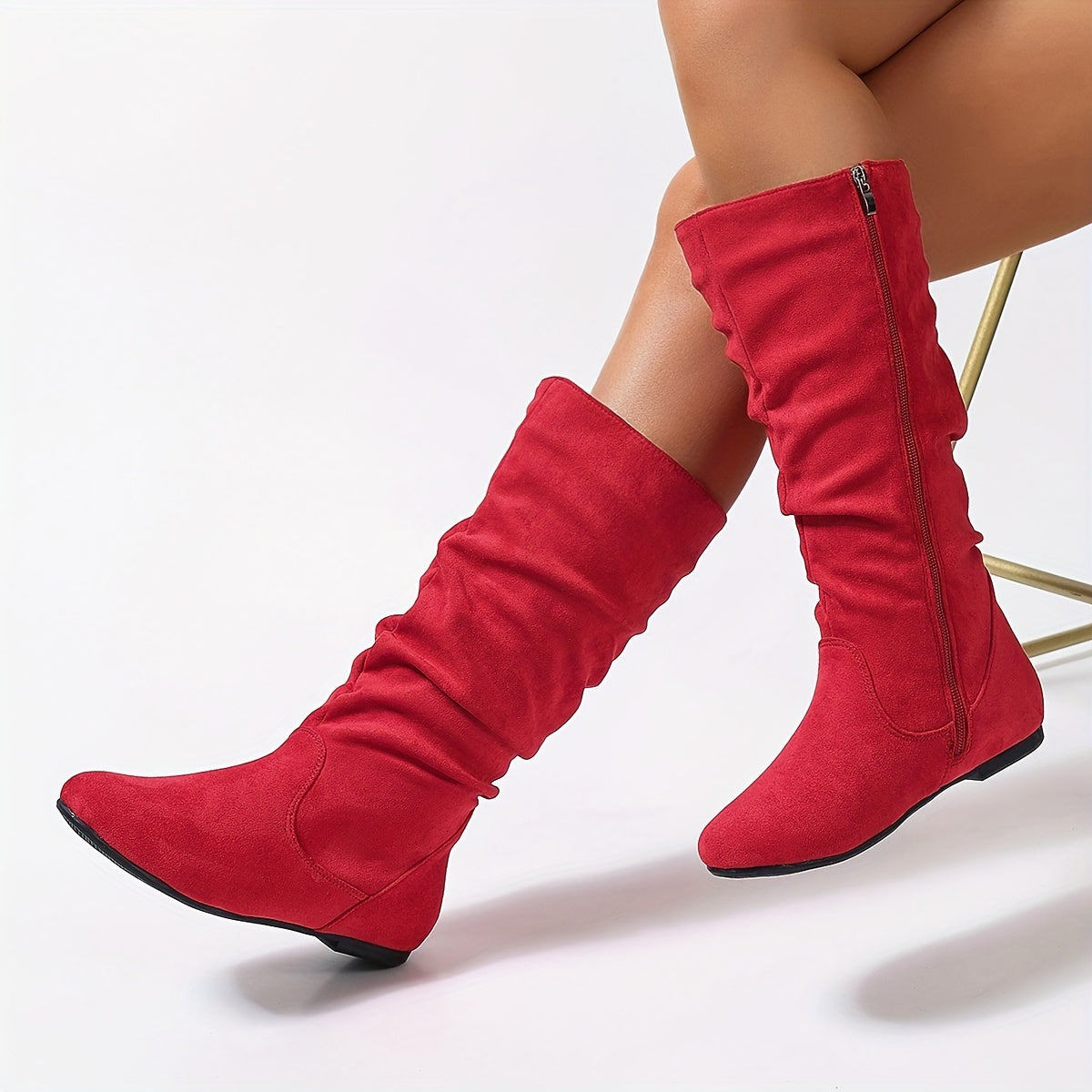 Women's Leather Pleated Long Boots with Side Zipper and Flat Sole