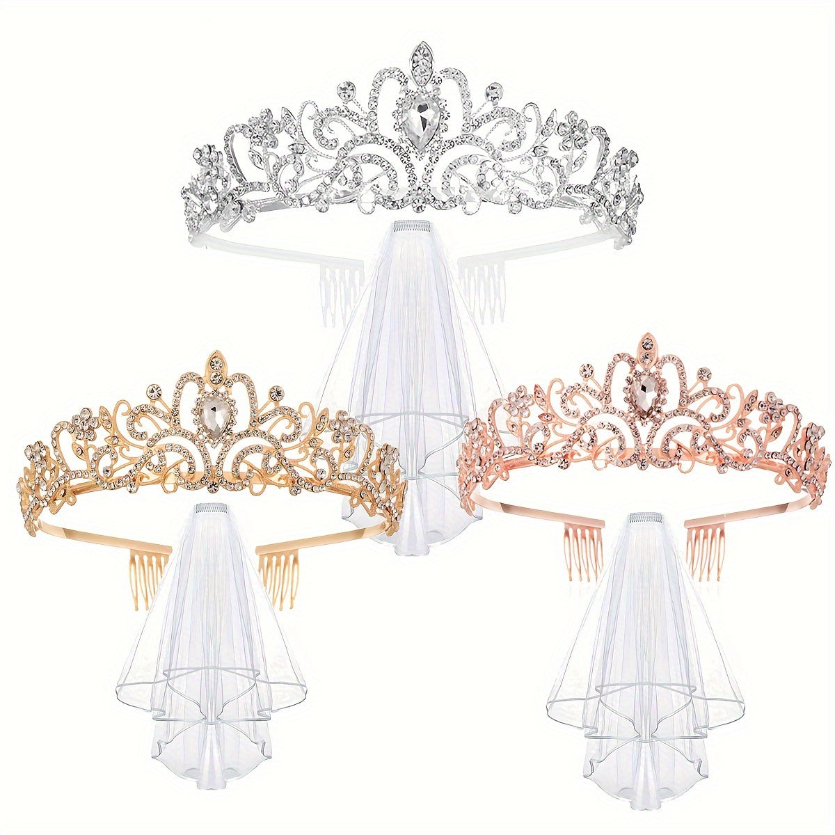 Set of Baroque Style Wedding Accessories with Rhinestone Crown, Shoulder Strap, Belt, Veil, and Jewelry