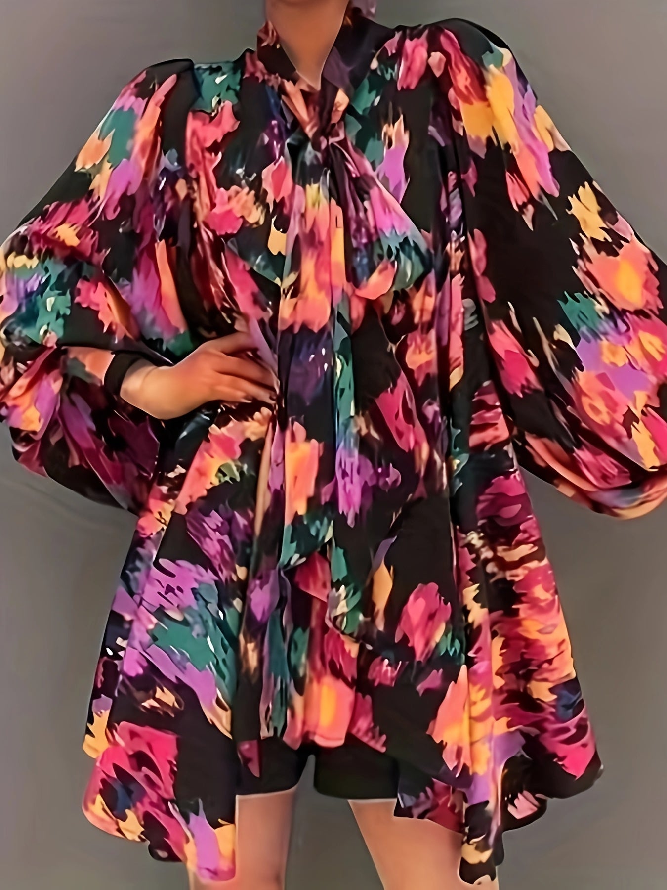 Camisa de talla grande para mujer con estampado abstracto, mangas farol, ropa casual