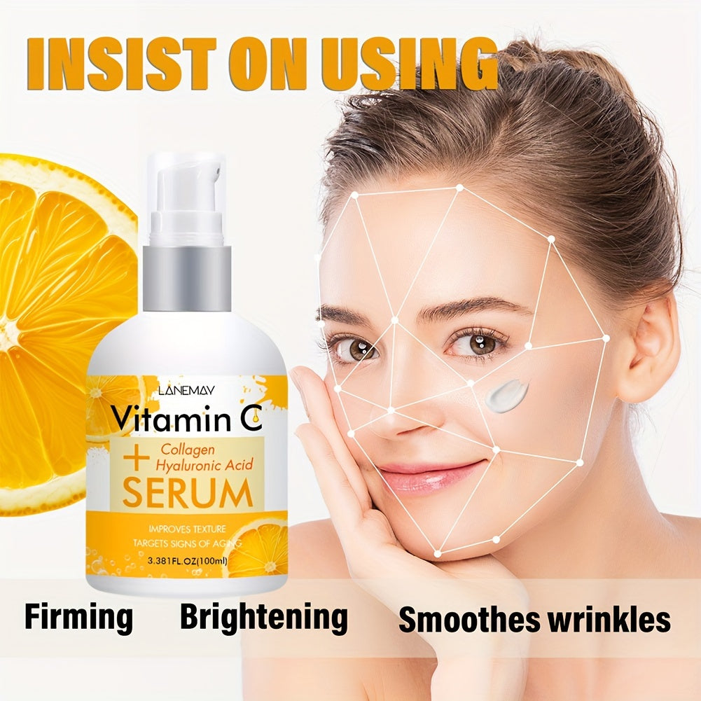 Lanemay Vitamin C va Kollagen Serumi: Namlantiruvchi, Yorituvchi va Gippoallergen, barcha teri turlari uchun mos. 3.4 fl. oz. shishada Gialuron kislotasi va Glicerin mavjud.