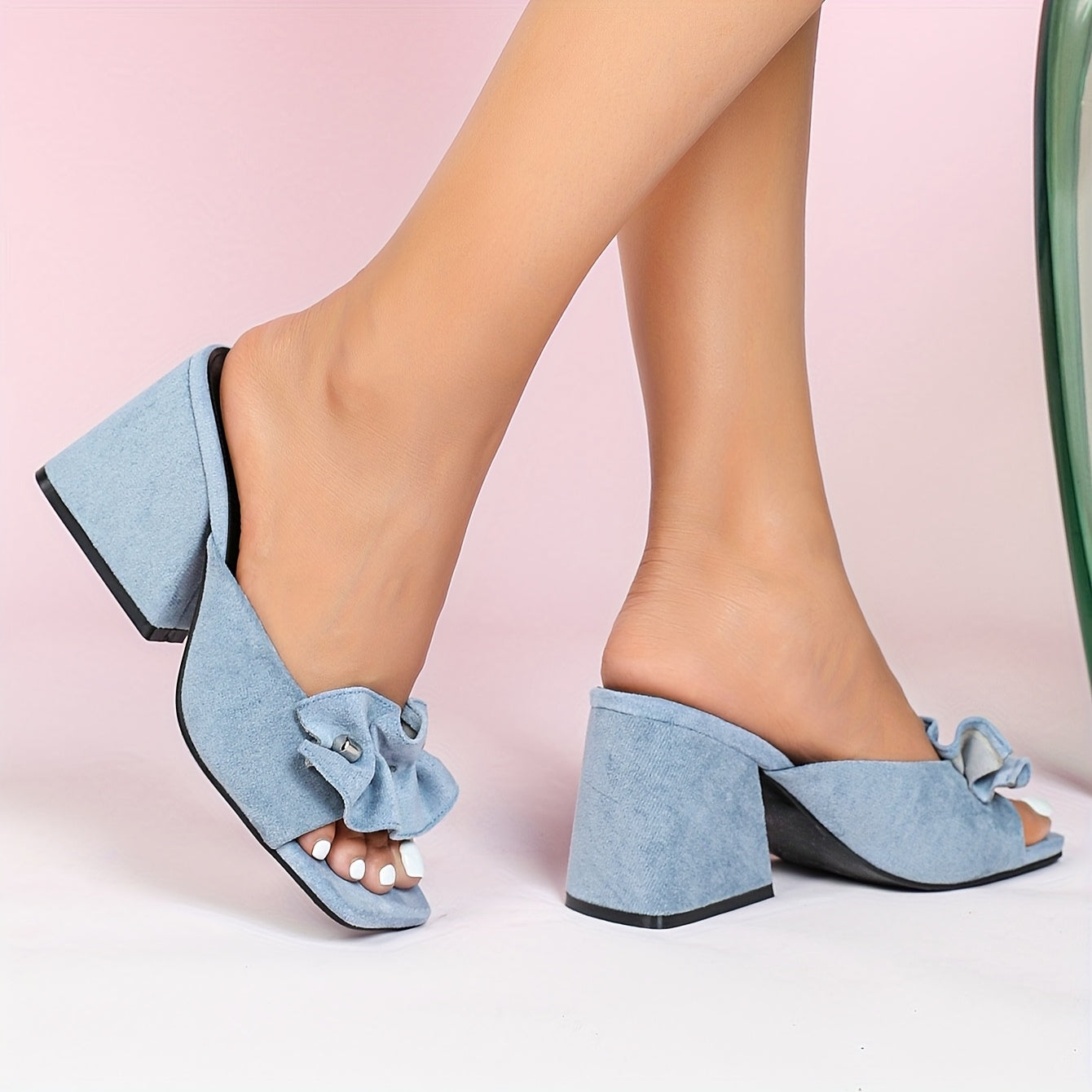 Women's Summer Black Chunky Heel Open Toe Mules with Knit Slip-Ons