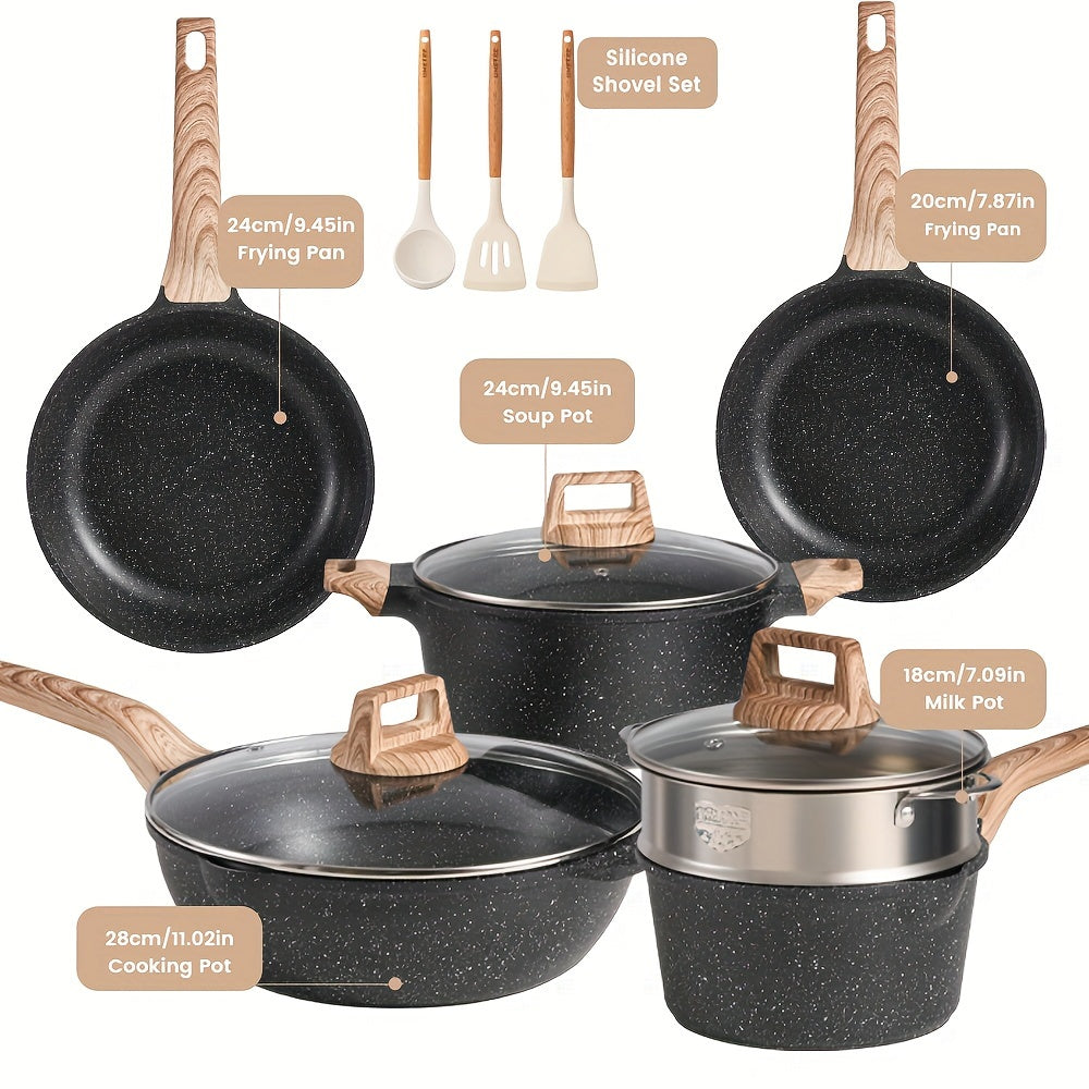 Black Non-Stick Frying Pan and Wok Set Maifan Stone Coating for Gas and Induction