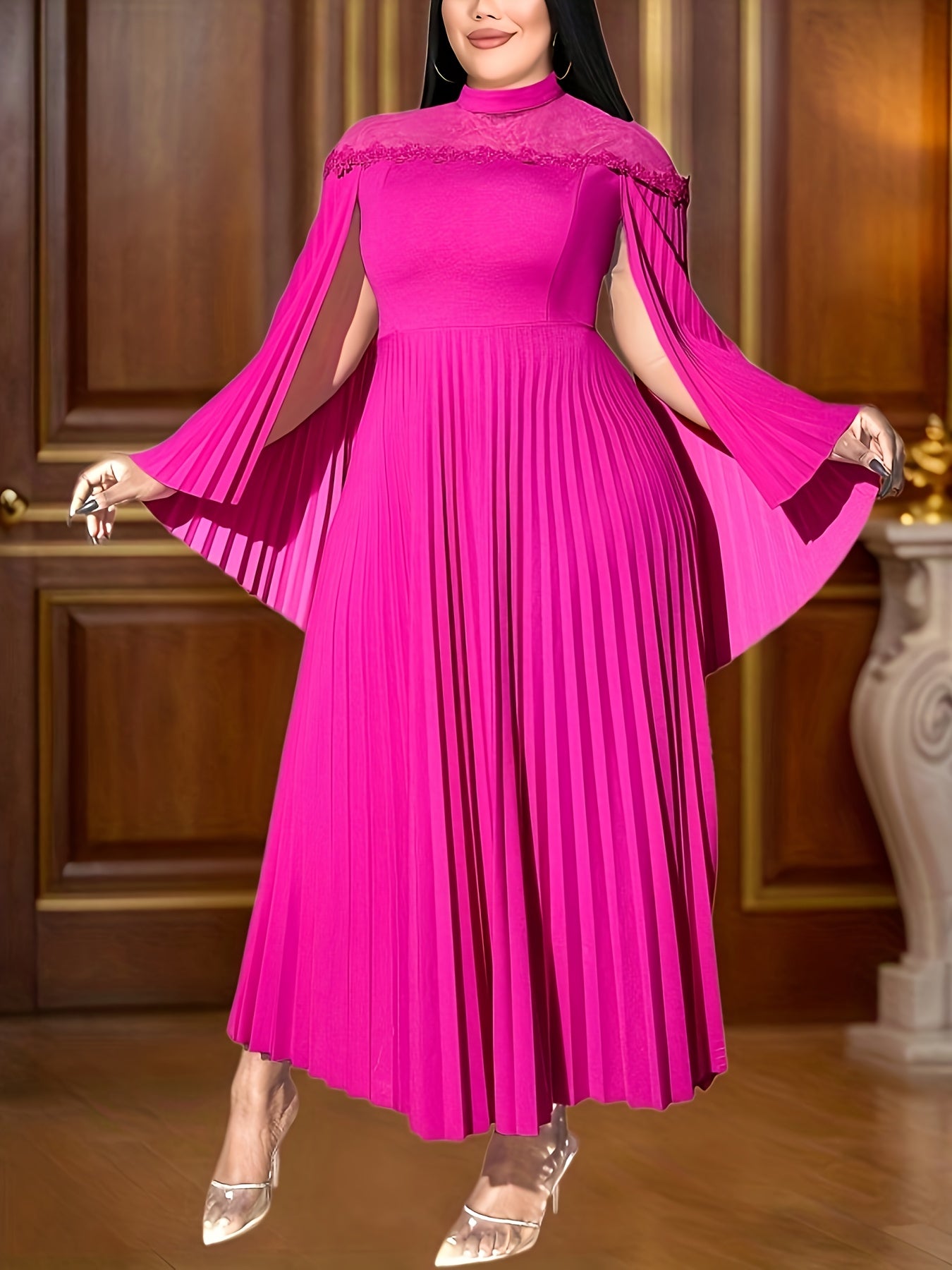 Women's Pink A-Line Dress With Cape Sleeves For Formal Events