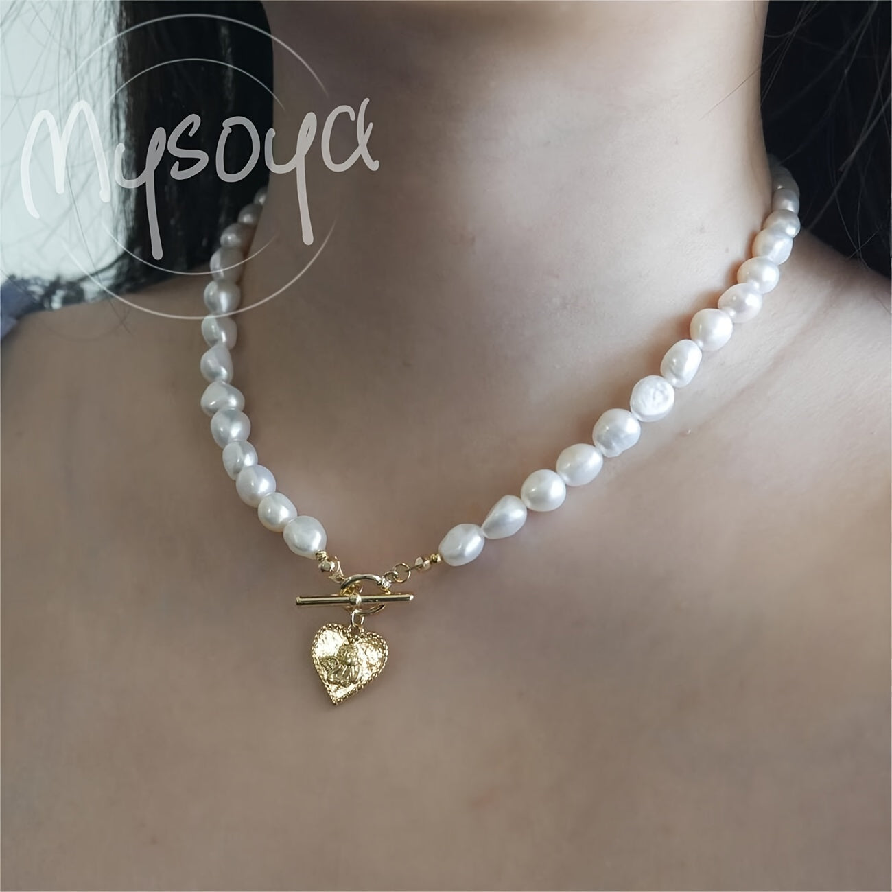 Collar elegante de perlas de agua dulce estilo barroco con colgante de corazón en oro 7-8mm caja de regalo