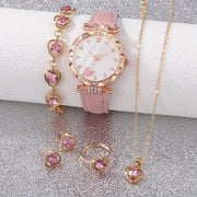 6 ta ayollar moda soatlari va zargarlik buyumlari to'plami, pushti faux charm, rhinestone aksessuarlar