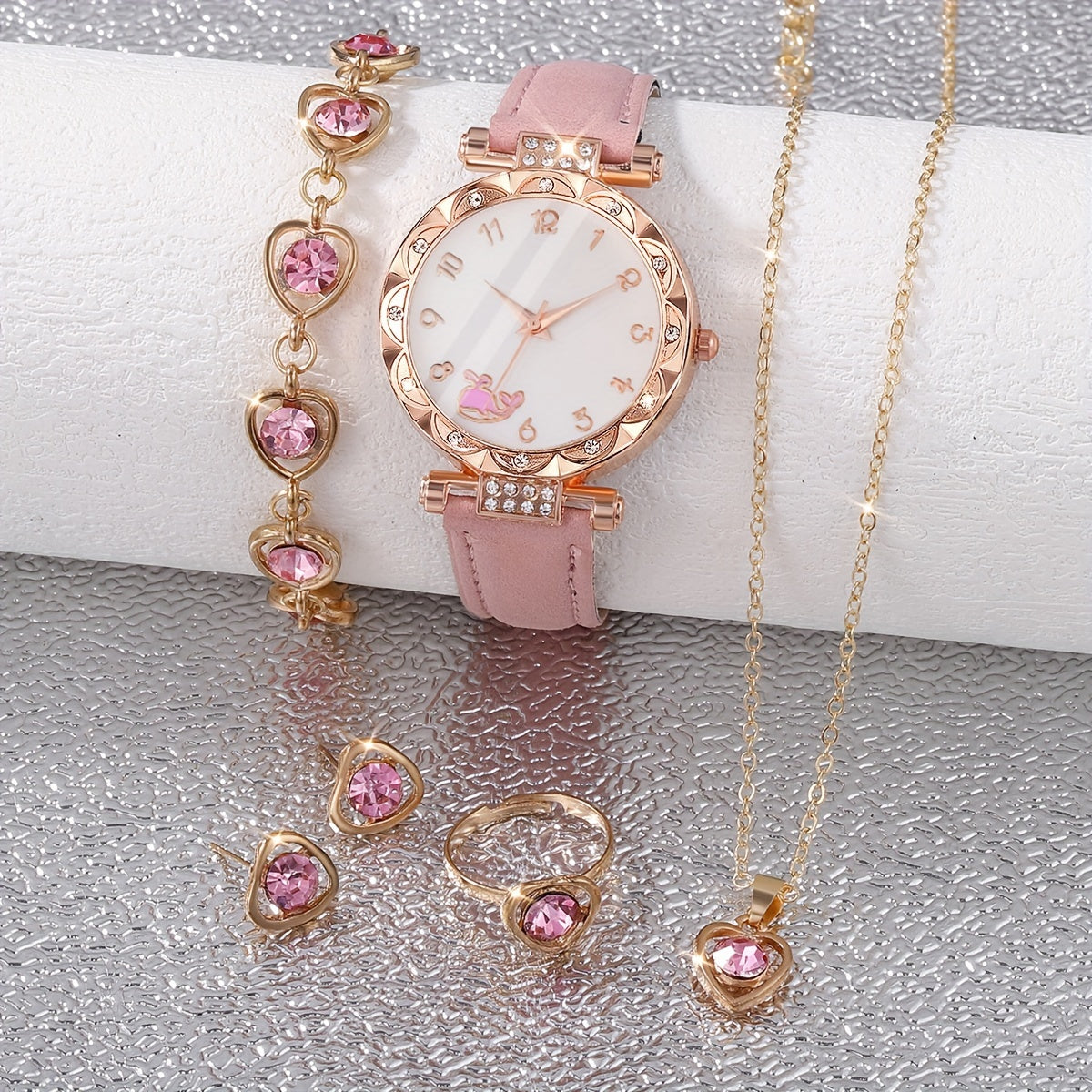 6 ta ayollar moda soatlari va zargarlik buyumlari to'plami, pushti faux charm, rhinestone aksessuarlar