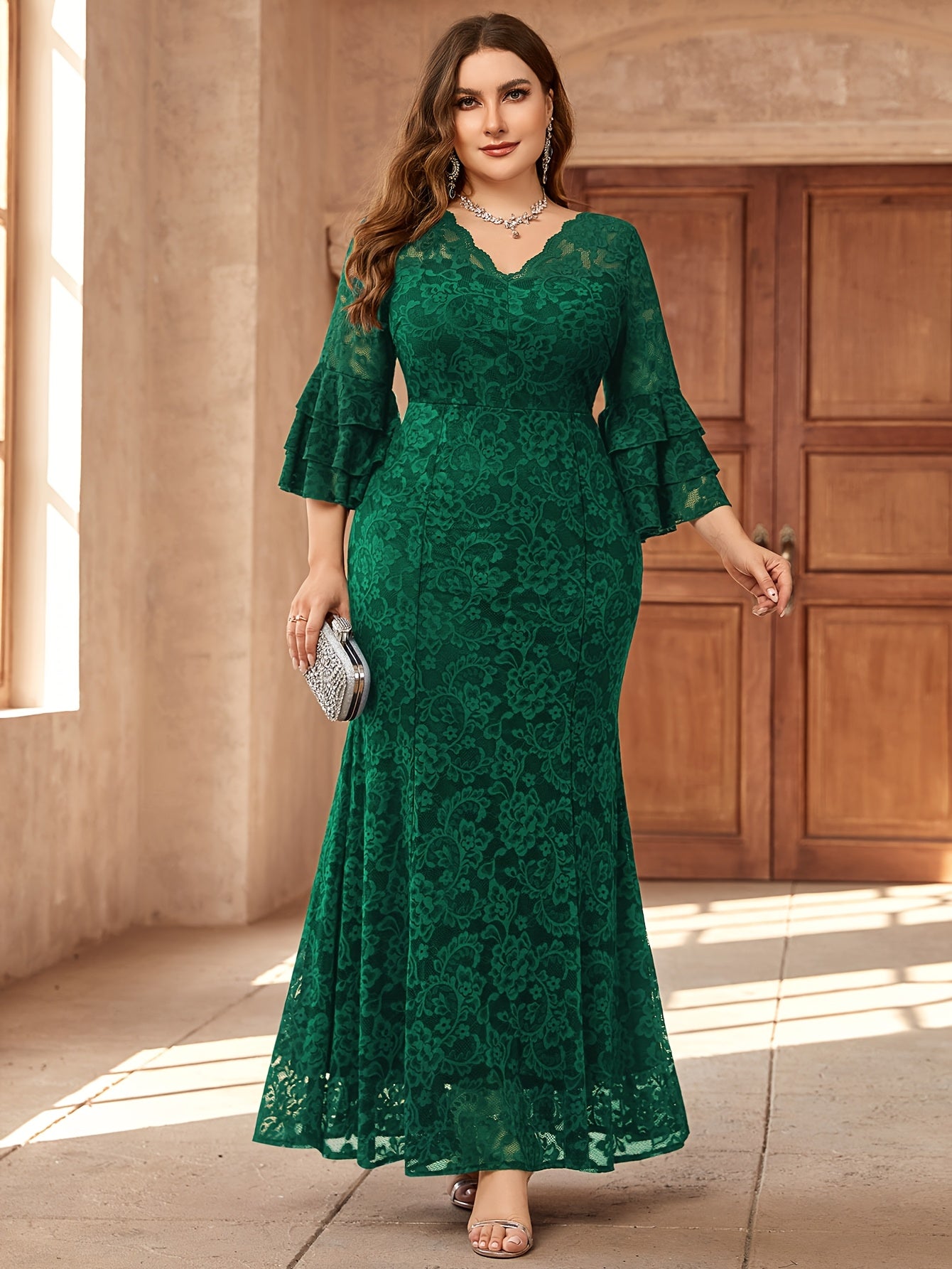 Plus Size Women’s Elegant V-Neck Long Evening Gown with Bell Sleeves