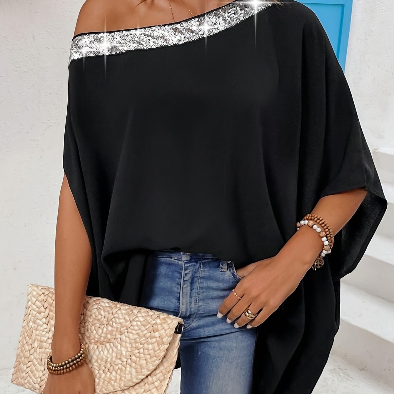 Plus Size Women's Off Shoulder Sequin Blouse Casual Red One-Shoulder Top