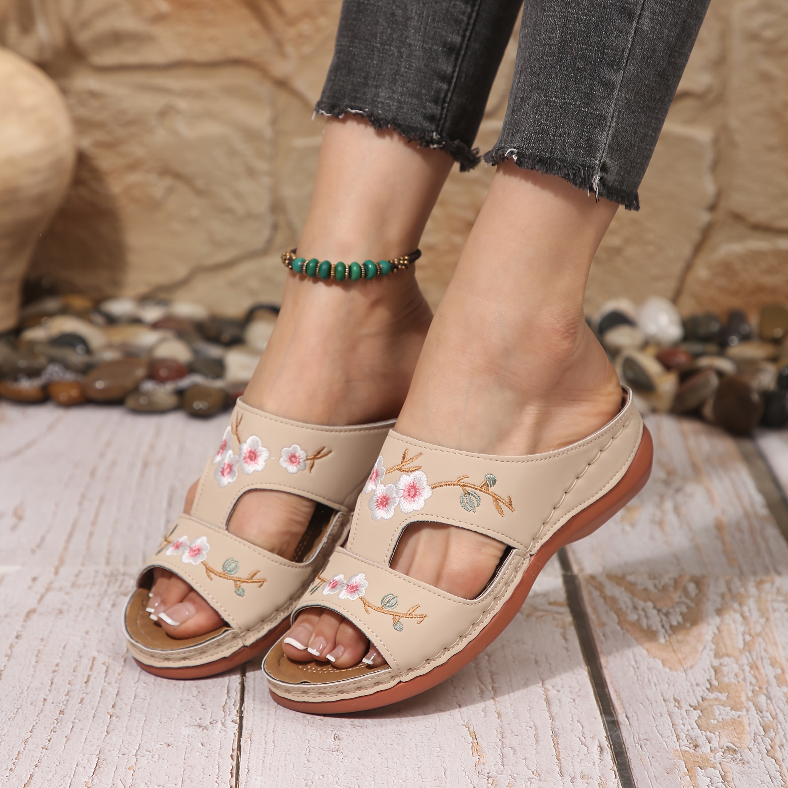 Women's Floral Wedge Sandals Faux Cover Open Toe Slip-On Summer Shoes