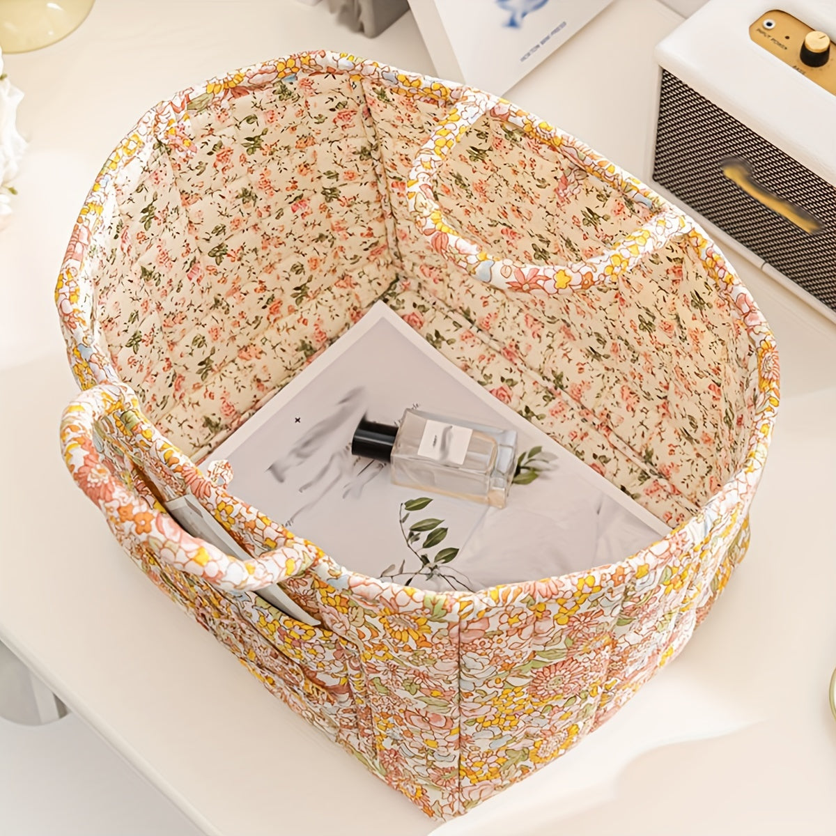 Rustic Quilted Floral Storage Basket for Baby Diapers and Toys