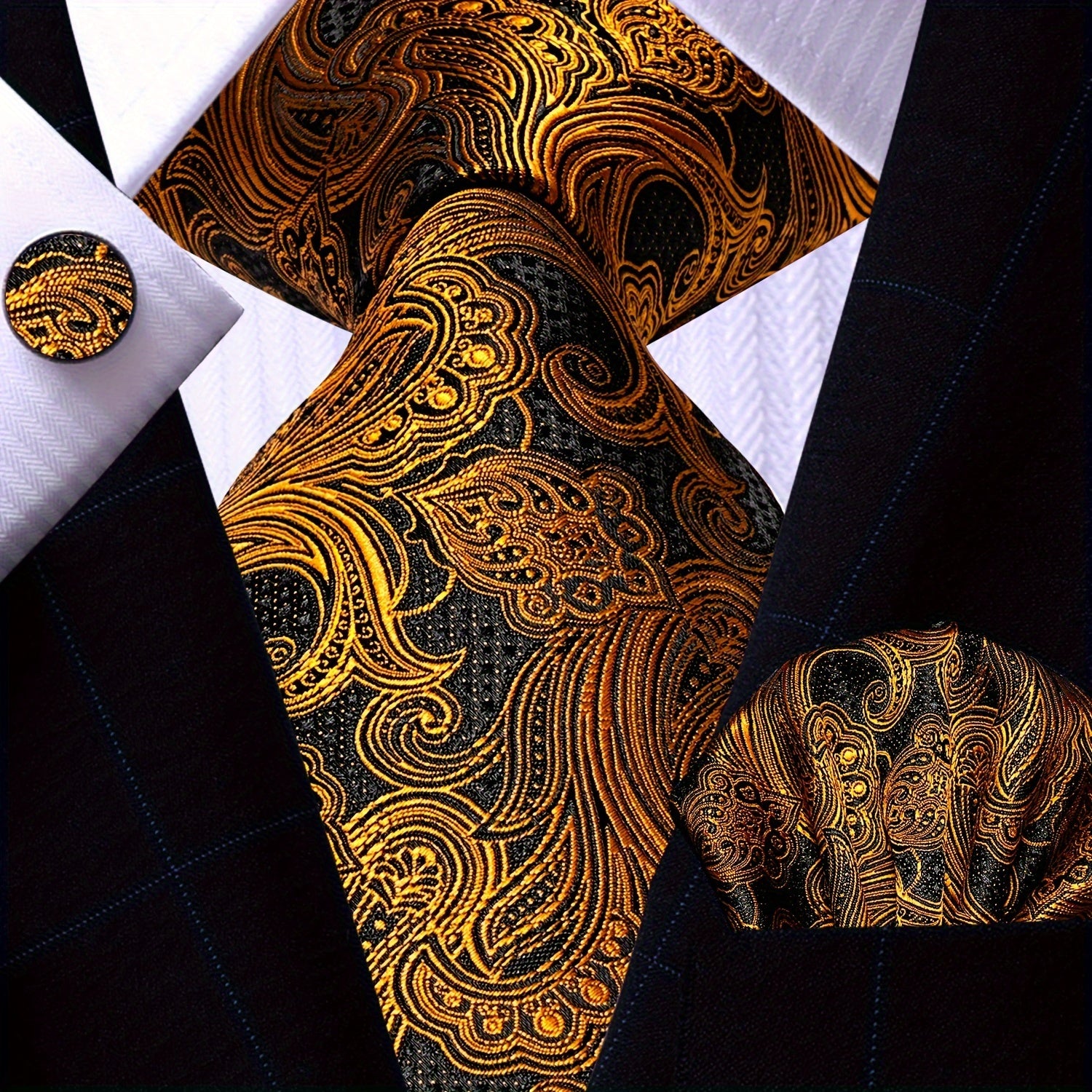 Men's Gold Accessories Set Tie Pocket Square Cufflinks for Weddings Business
