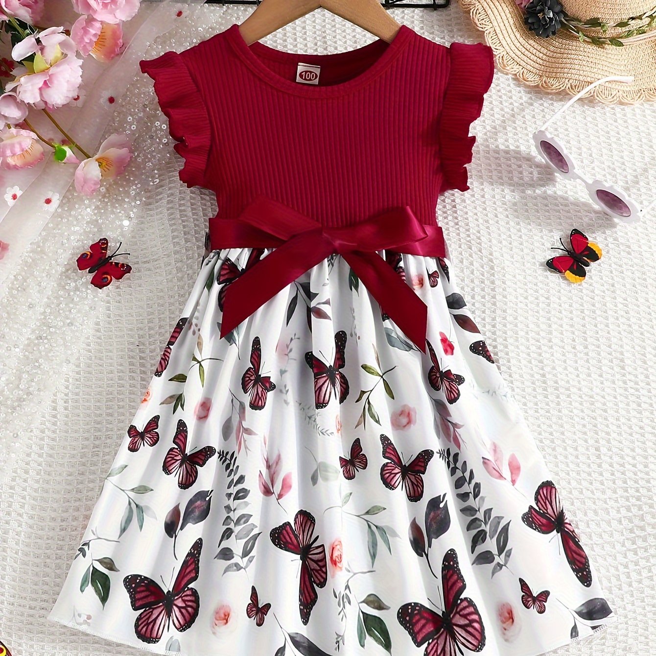 Girls Light Blue Ribbed Cotton Dress with Butterfly Floral Print Flutter Sleeves Belt Summer Casual