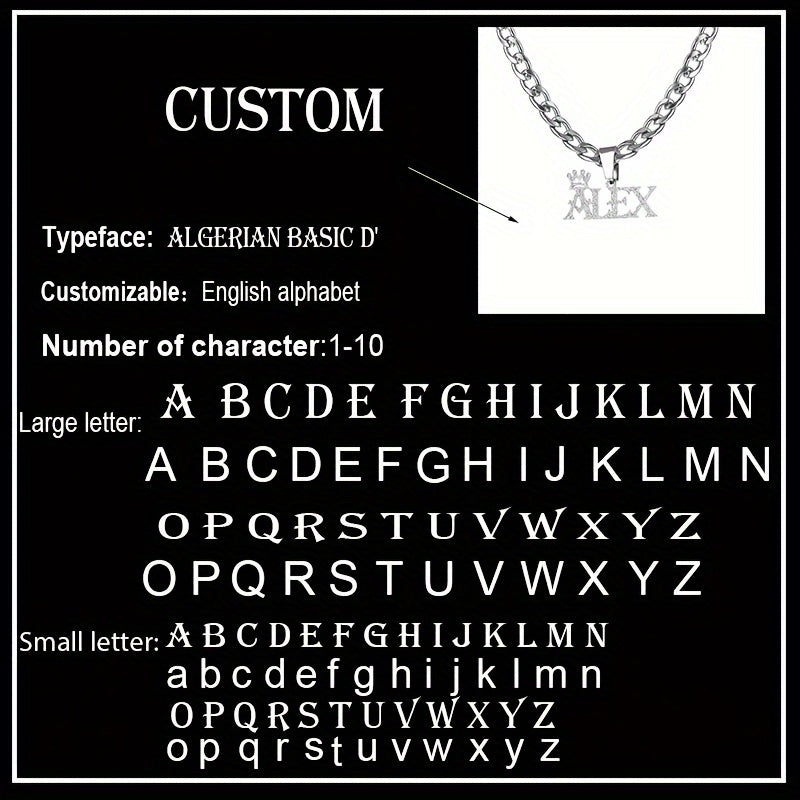 Stainless Steel Pendant Necklace with Crown Charm Custom Name Men Jewelry