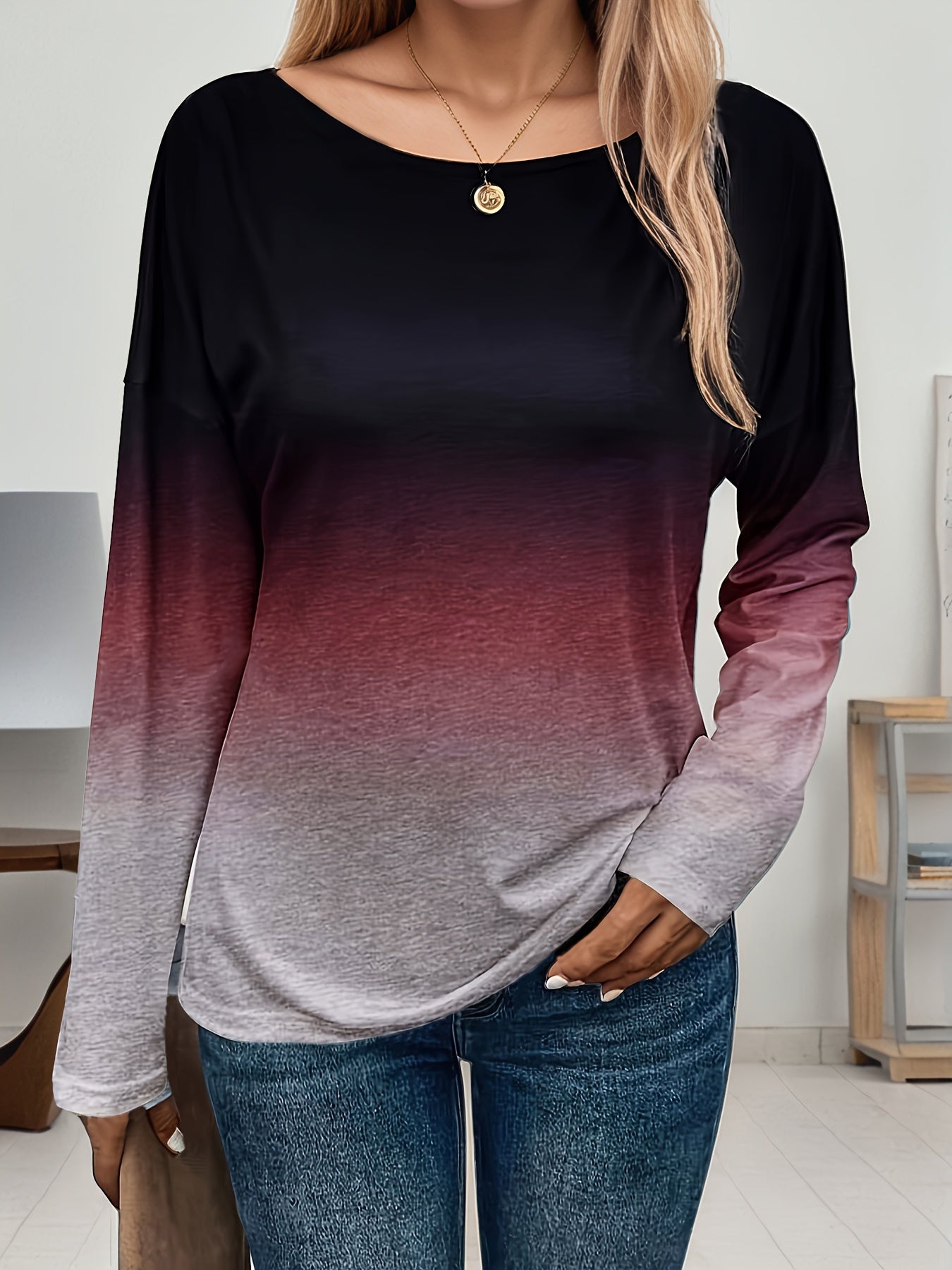 Camisetas de manga larga ombré para mujer talla plus, casuales, con caída en los hombros y comodidad