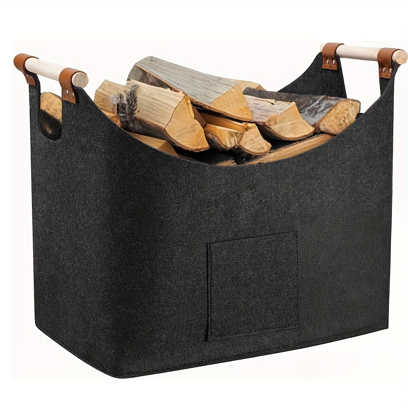 Spacious 55L Wooden Log Basket with Felt, Foldable Firewood Holder, Dark Gray