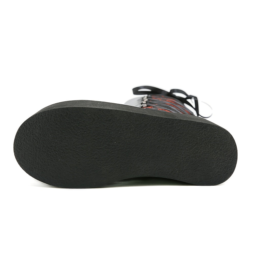 Women's Faux Leather Floral Lace-Up Knee-High Winter Boots Black Red Wedge