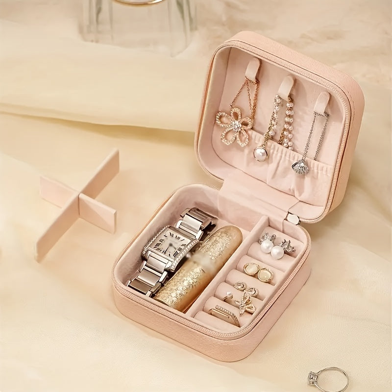 Travel Jewelry Organizer Case with Zipper Faux Leather Compact Storage for Rings Earrings Necklaces