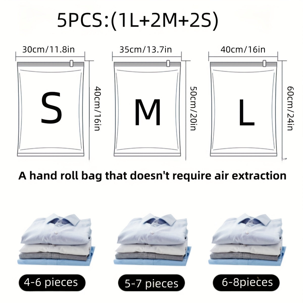 Set of 5 Vacuum Storage Bags Space-Saving Zippered for Clothing and Travel