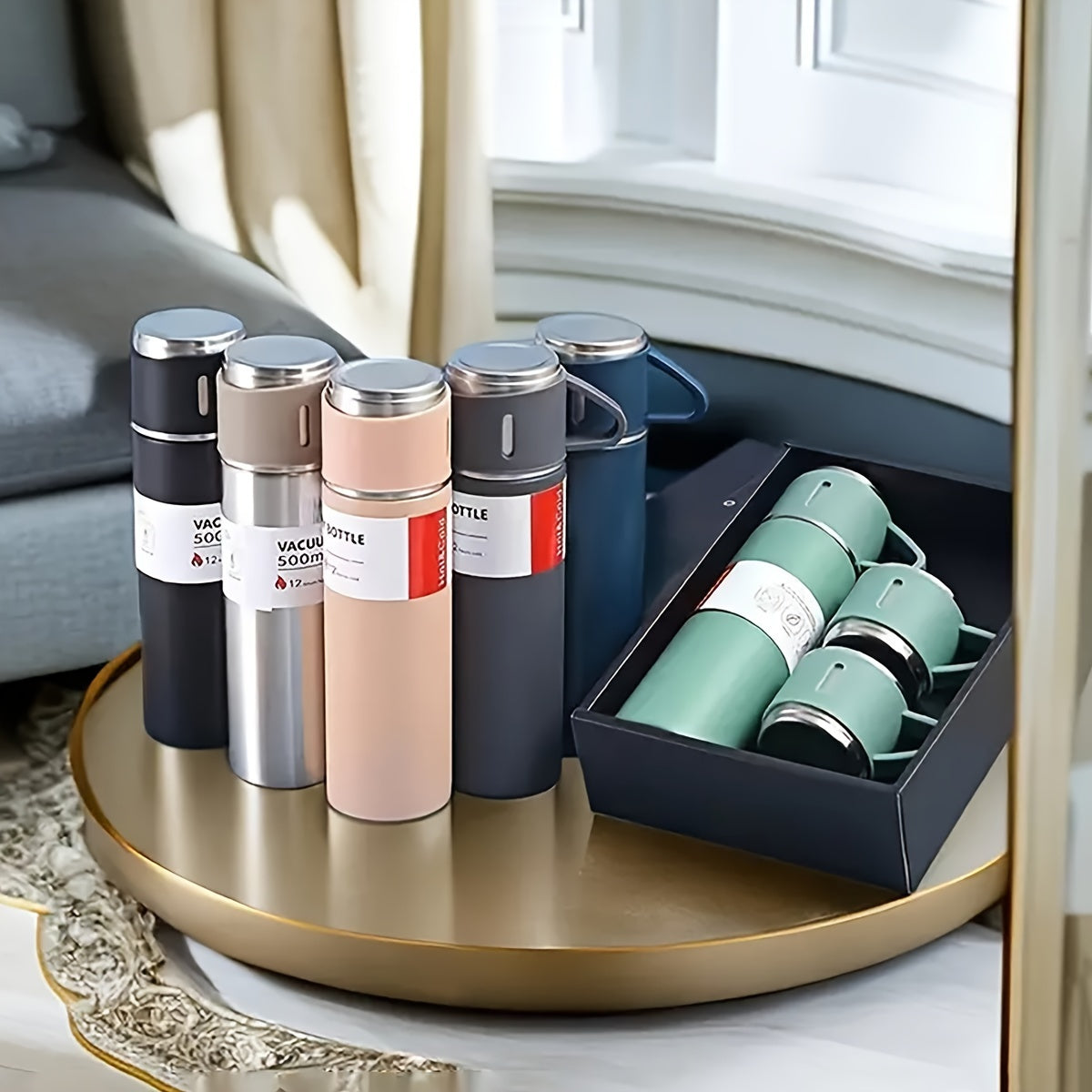 Insulated Stainless Steel Water Bottle Set with 2 Cups and Stroller Holder