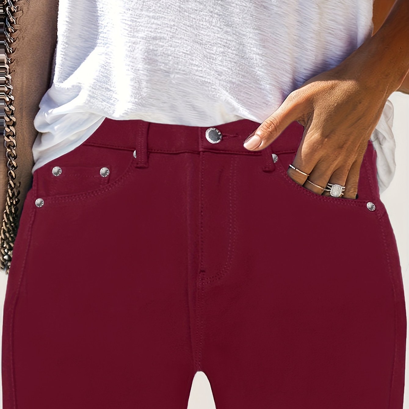 Women's High-Waist Skinny Jeans Maroon Slim Fit Casual Denim