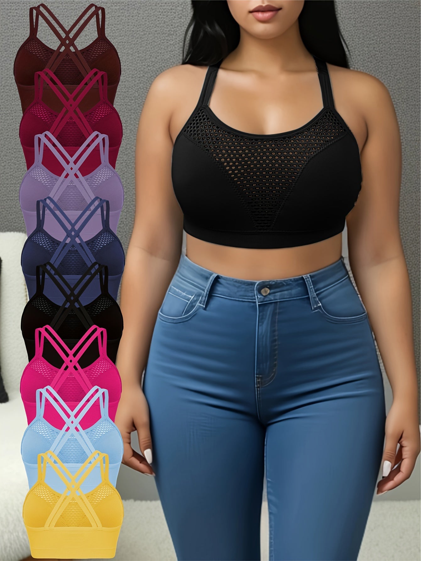 Women's Plus Size Sports Bralette Solid Color Mesh Cross-Back Removable Pads