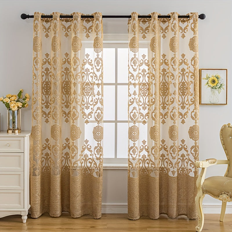 Golden Jacquard Sheer Curtain Grommet Top for Bedroom Living Room Home Decor
