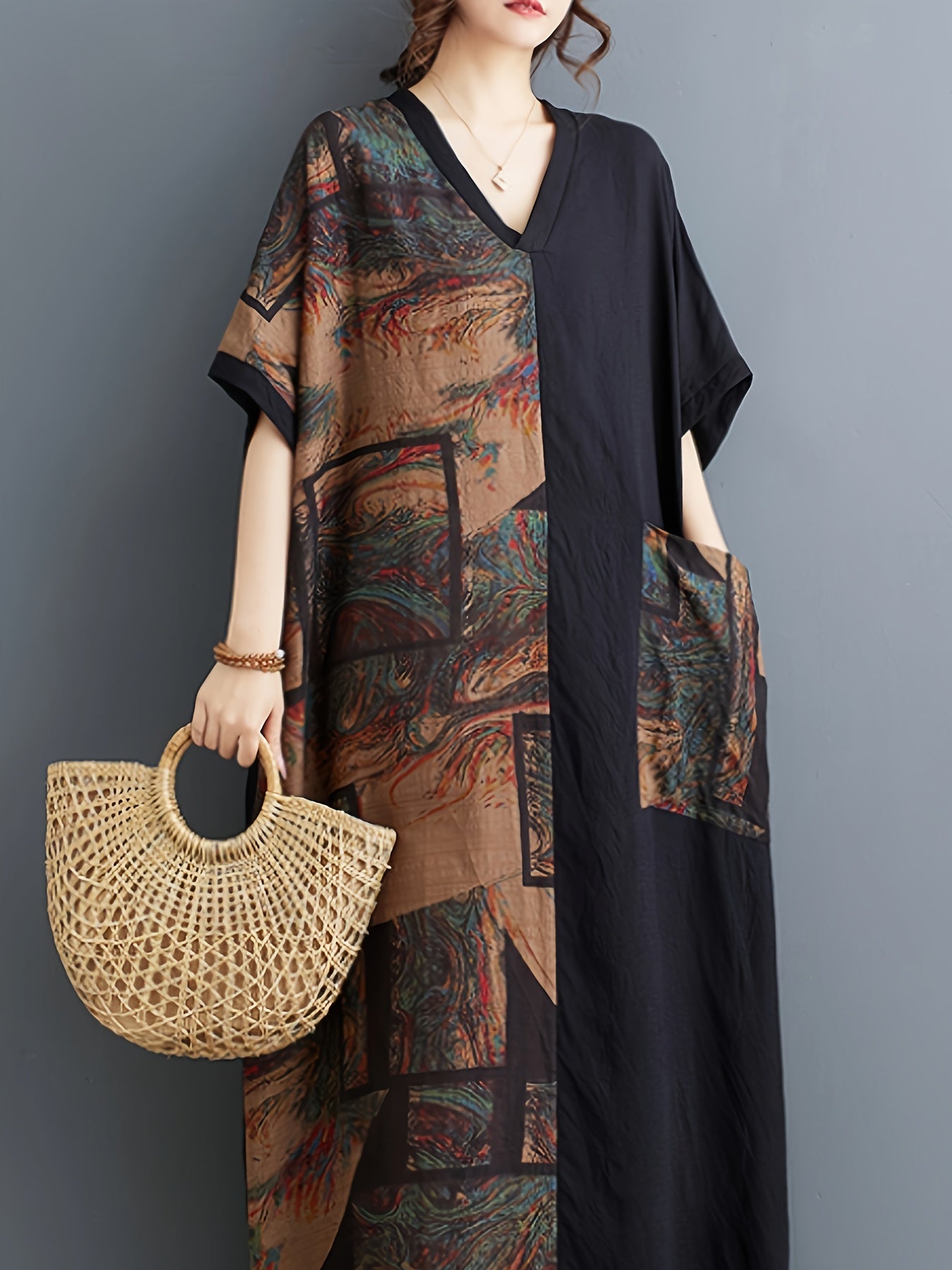 Bata casual de viscosa con parches y bolsillos para mujer en primavera, verano y otoño