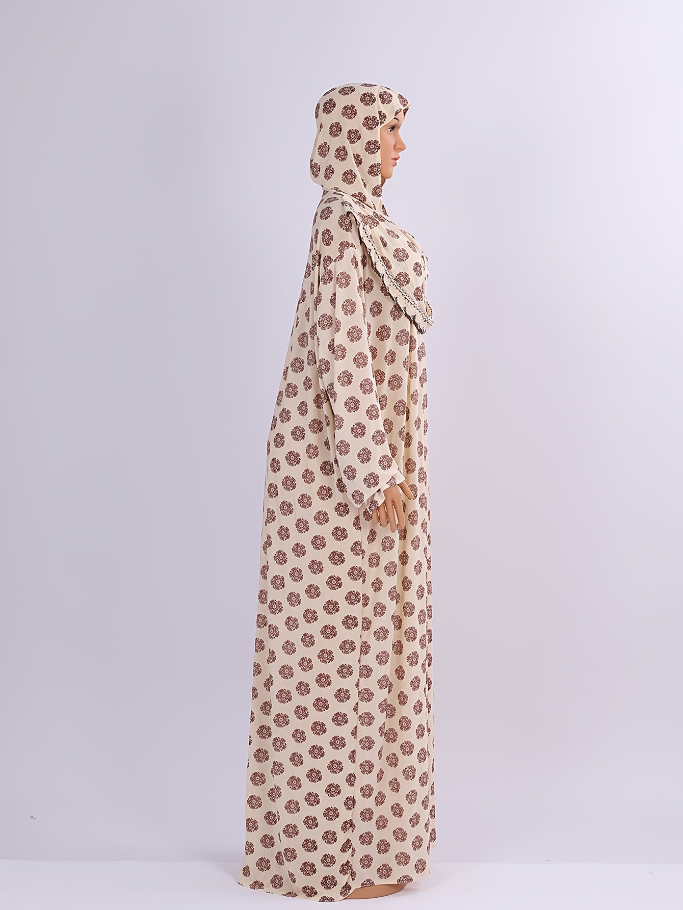 Muslim Abaya Long Sleeve Beige Floral Ruffle Neck Loose Fit All-Season