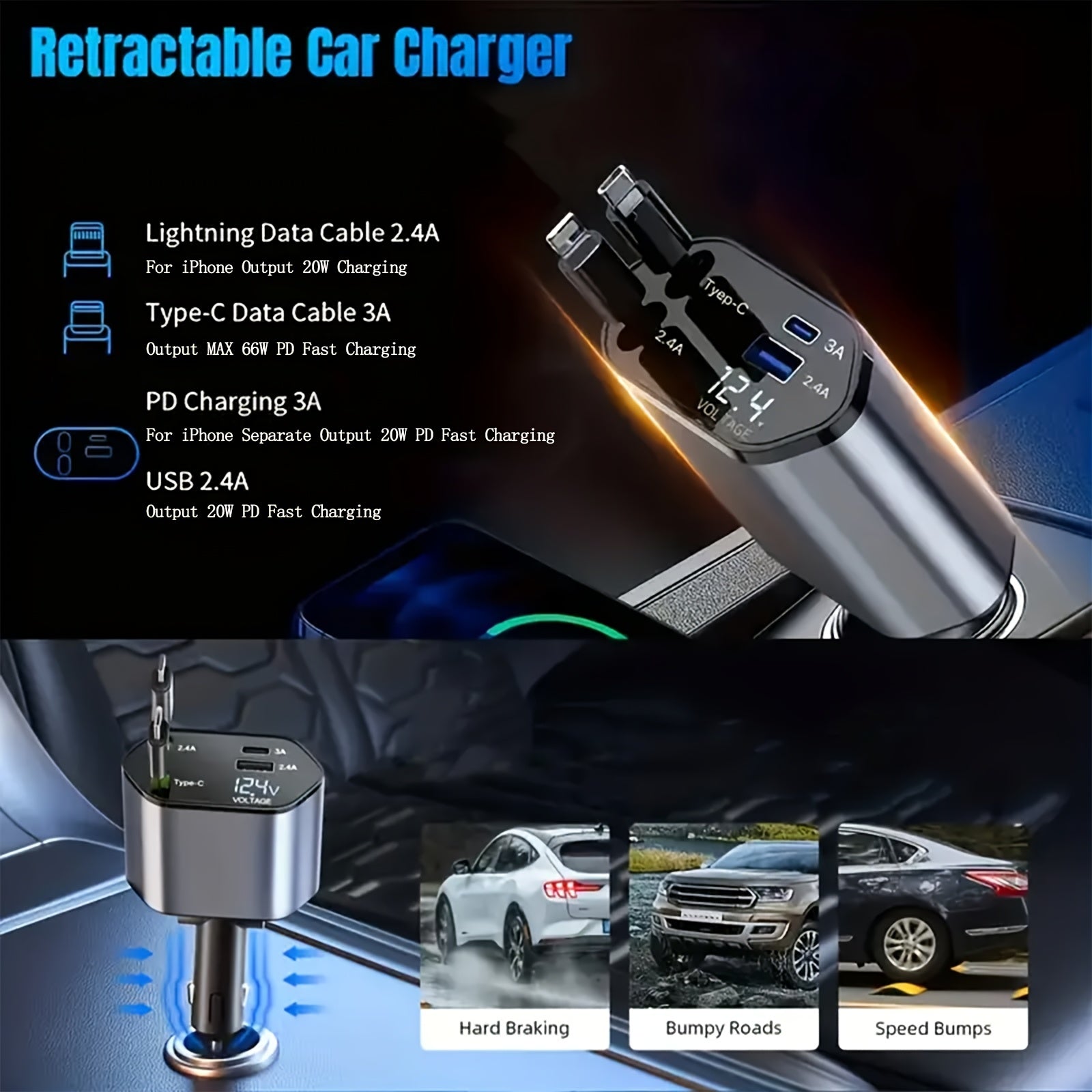 Cargador de coche 4 en 1 con carga rápida de 66W, adaptador de corriente USB C para smartphones