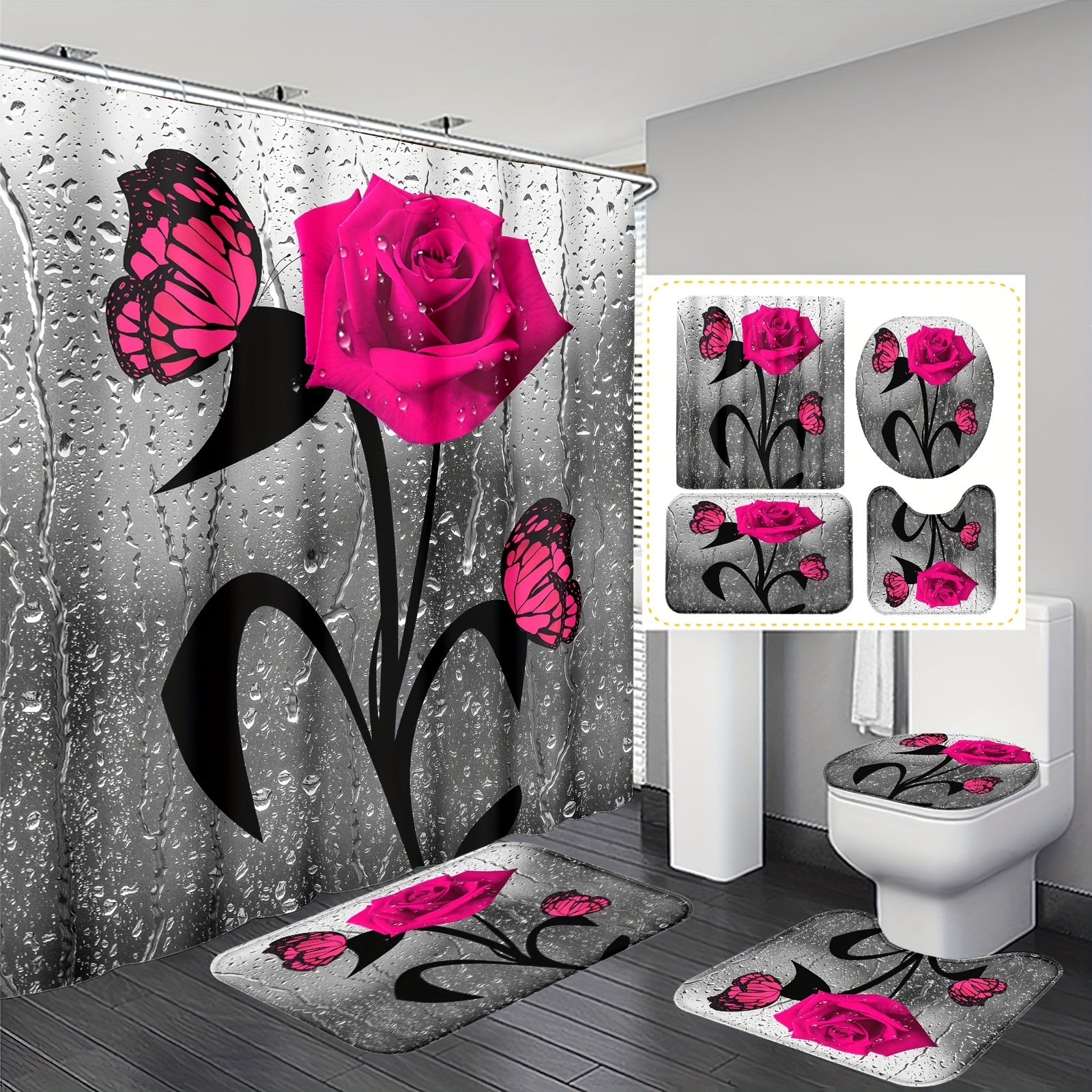 Water Drop Rose Printed Bathroom Shower Curtain Set with Hooks Non-Slip Mat Toilet Lid Mat Bathtub Partition