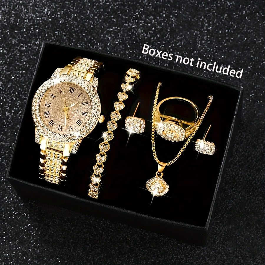Conjunto de reloj de mujer y joyería de cuarzo con cinco piezas en tono plateado