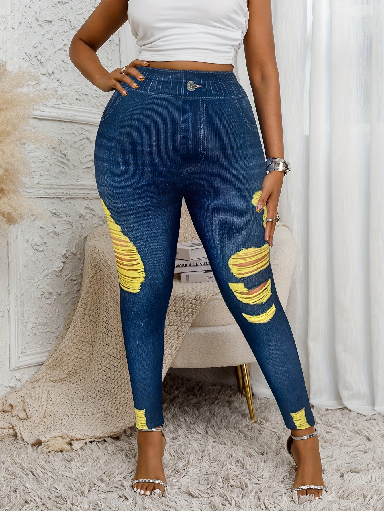 Plus Size Faux Denim Ripped Skinny Pants Street Style Long Trousers