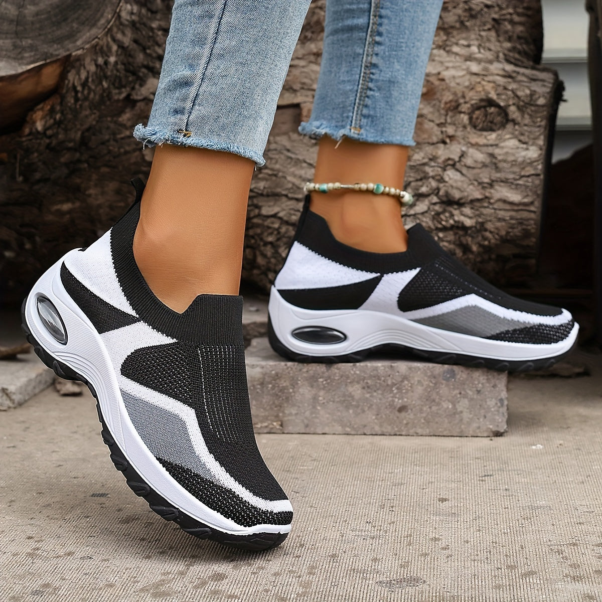 Ayollar uchun nafas oladigan to'qilgan chunky sneakers, kundalik slip-on sport poyafzallari