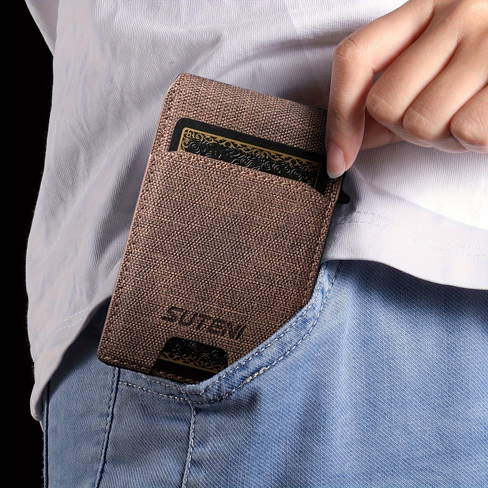 Men Women Bifold Wallet Leather Card Holder with Photo Slot in Black Brown Blue
