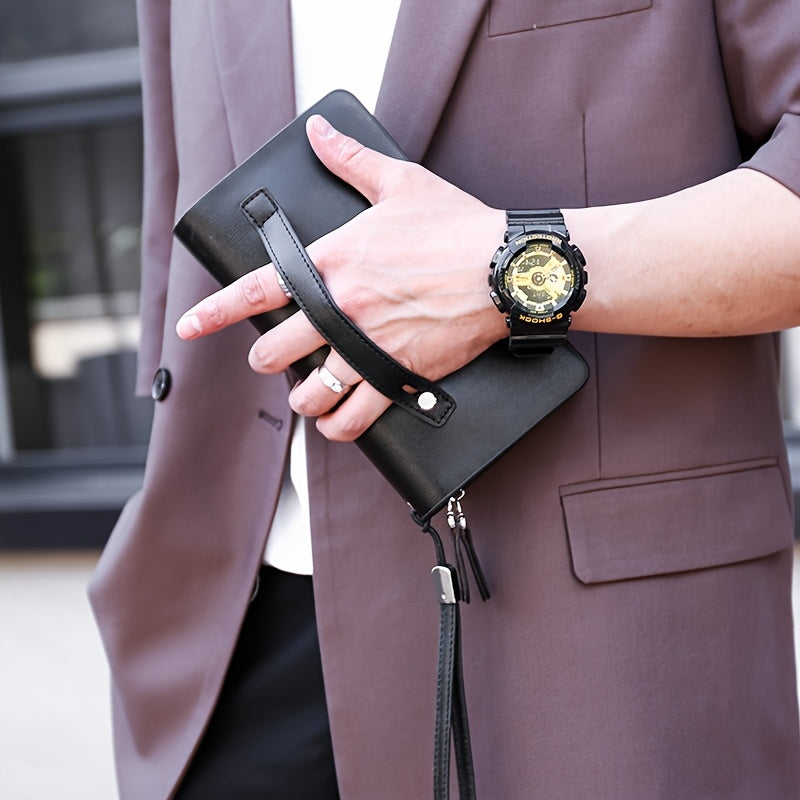 Men's Large Capacity Black Leather Wallet with Double Zipper and Wrist Strap for Office Use
