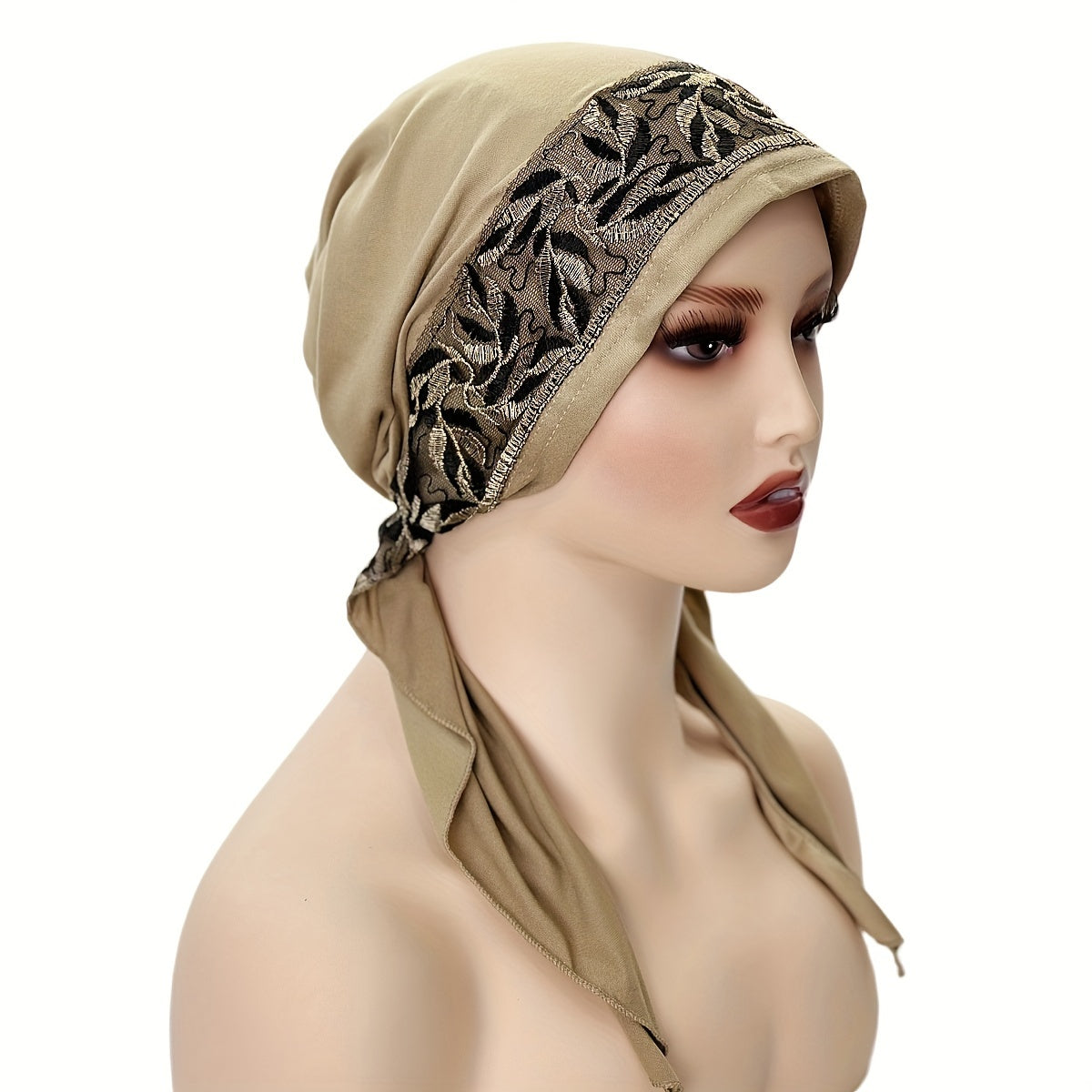 Black Elastic Chemo Hat with Embroidered Turban Design and Tails