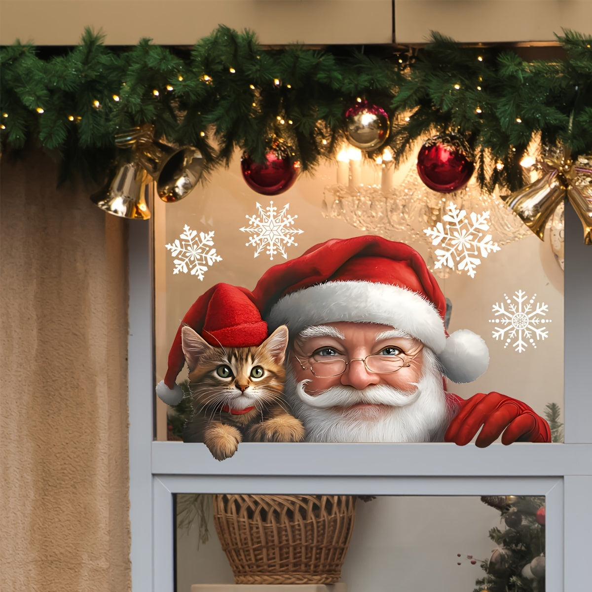 Christmas Window Cling Santa and Kitten Snowflakes Reusable Static Decal 20x30cm
