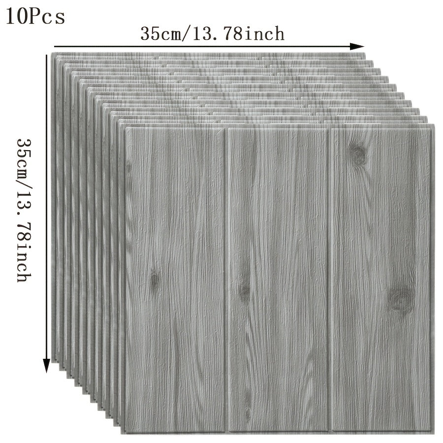 10pcs Wood Grain Self-Adhesive Wall Stickers 35x35cm Rectangular Cabin Style Decor