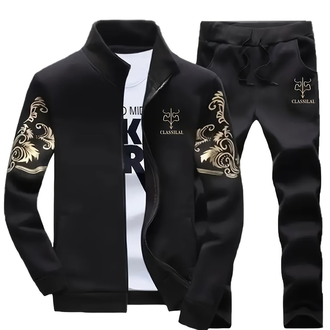 Men's Casual Sportswear Set Knit Polyester Stand Collar Zip-Up Jacket & Drawstring Pants