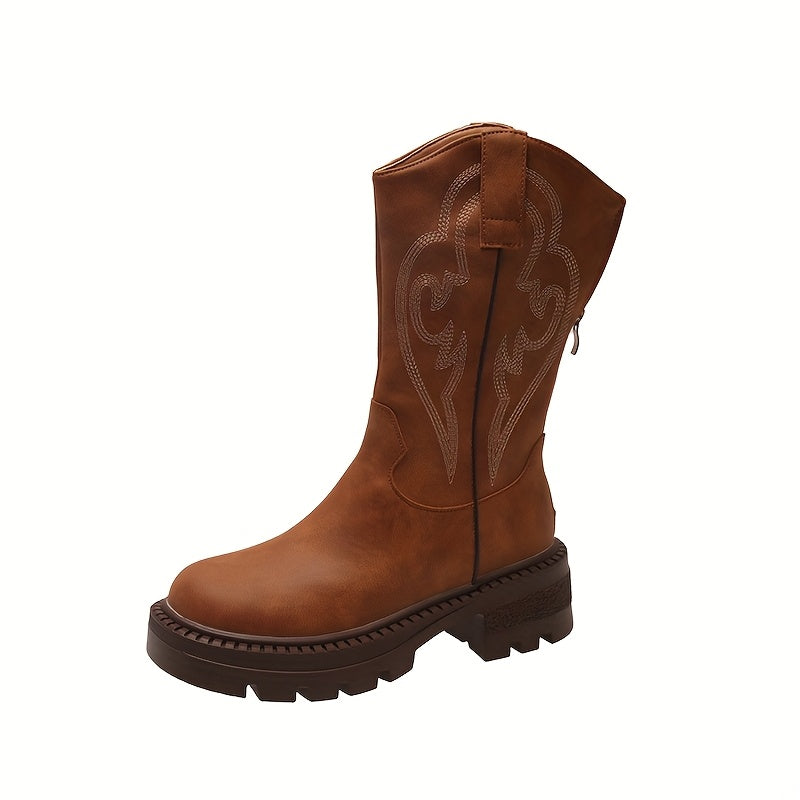 Women's Brown Western Boots | Chunky Mid-Heel, Non-Slip Sole, Round Toe
