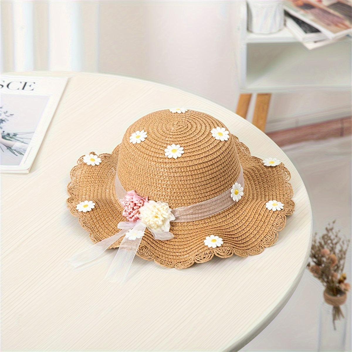 Teen Girls Straw Hat with Daisy Pattern and Matching Bag Summer Water-Resistant