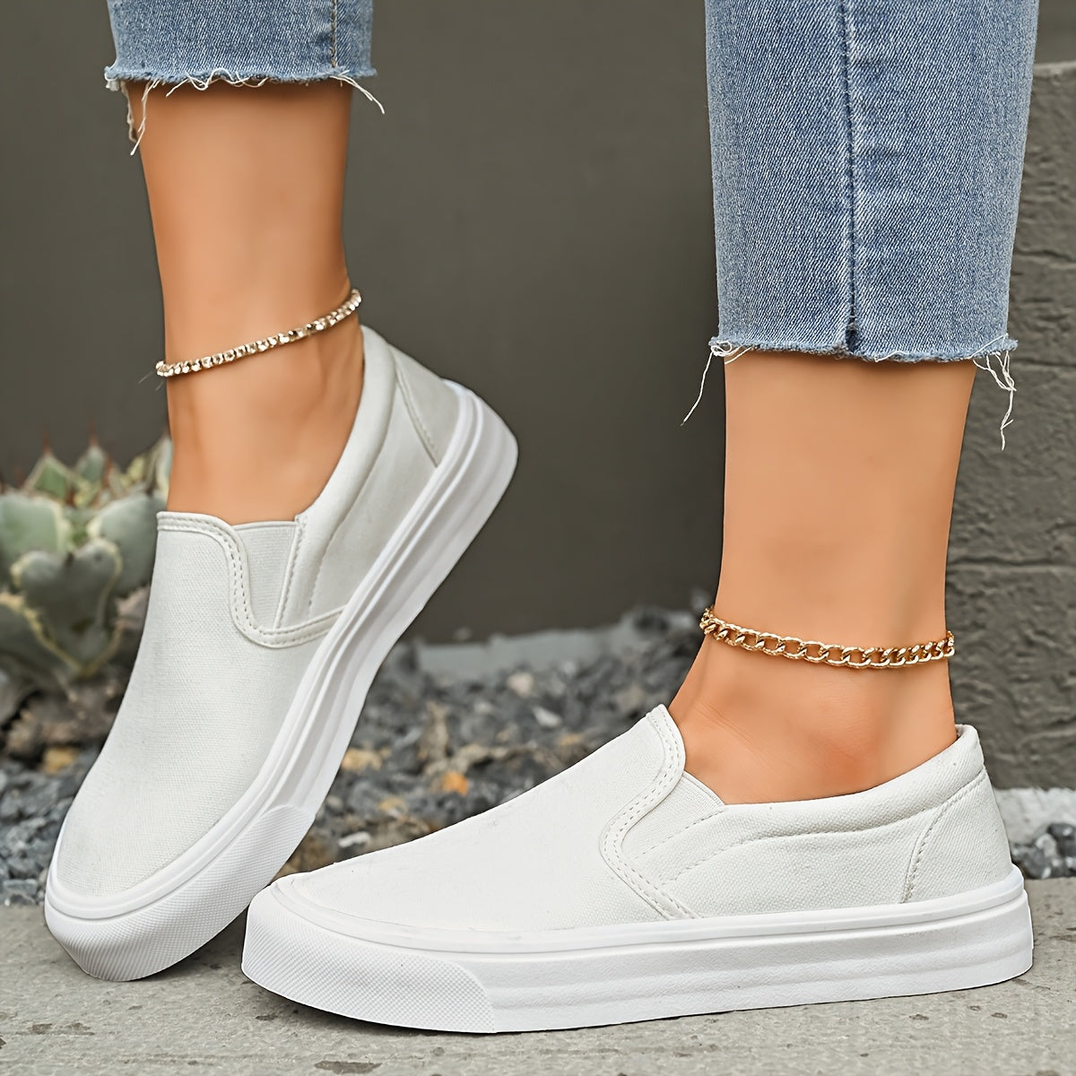 Women's White Slip-On Sneakers Low Top Casual Shoes with Thick Sole