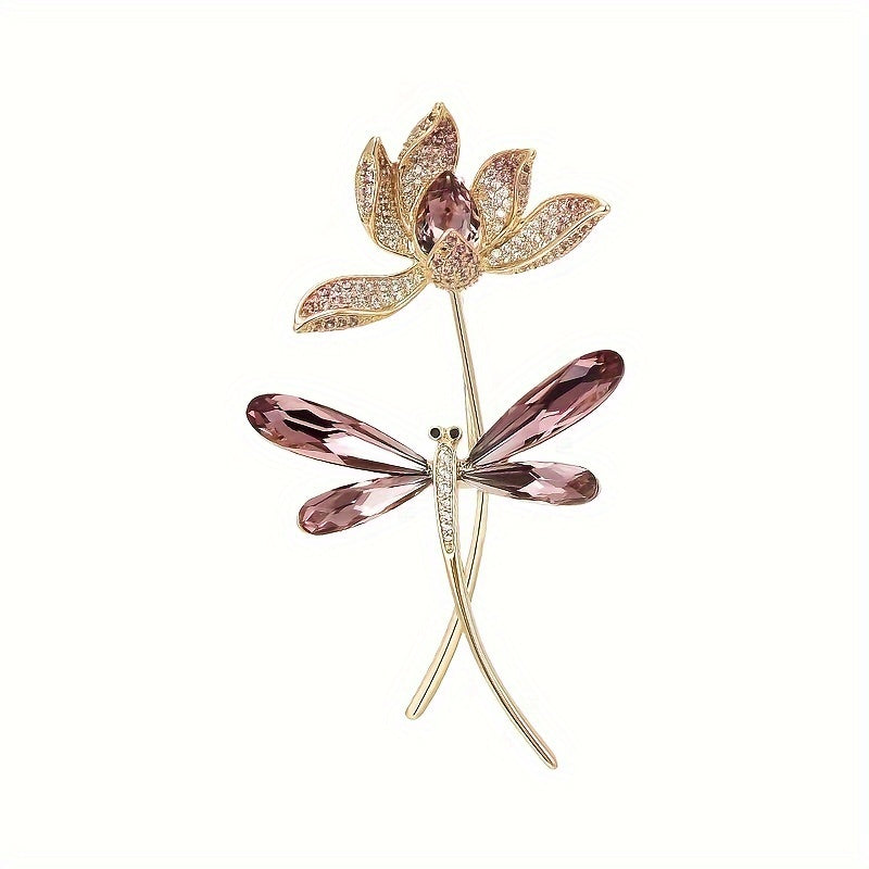 Glass Dragonfly and Flower Brooch Pin for Women Rhinestone Jewelry Stylish Accessory