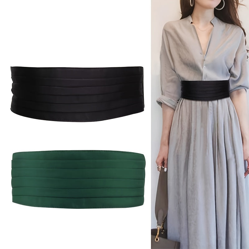 Women's Elegant Pleated Dress Coat Girdle with Wide Belt and Elastic Waist