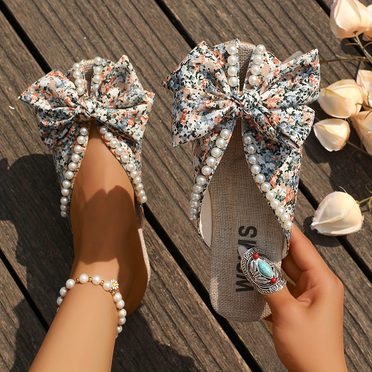 Women’s Floral Bow Embellished Slip-On Slippers All-Season Comfort