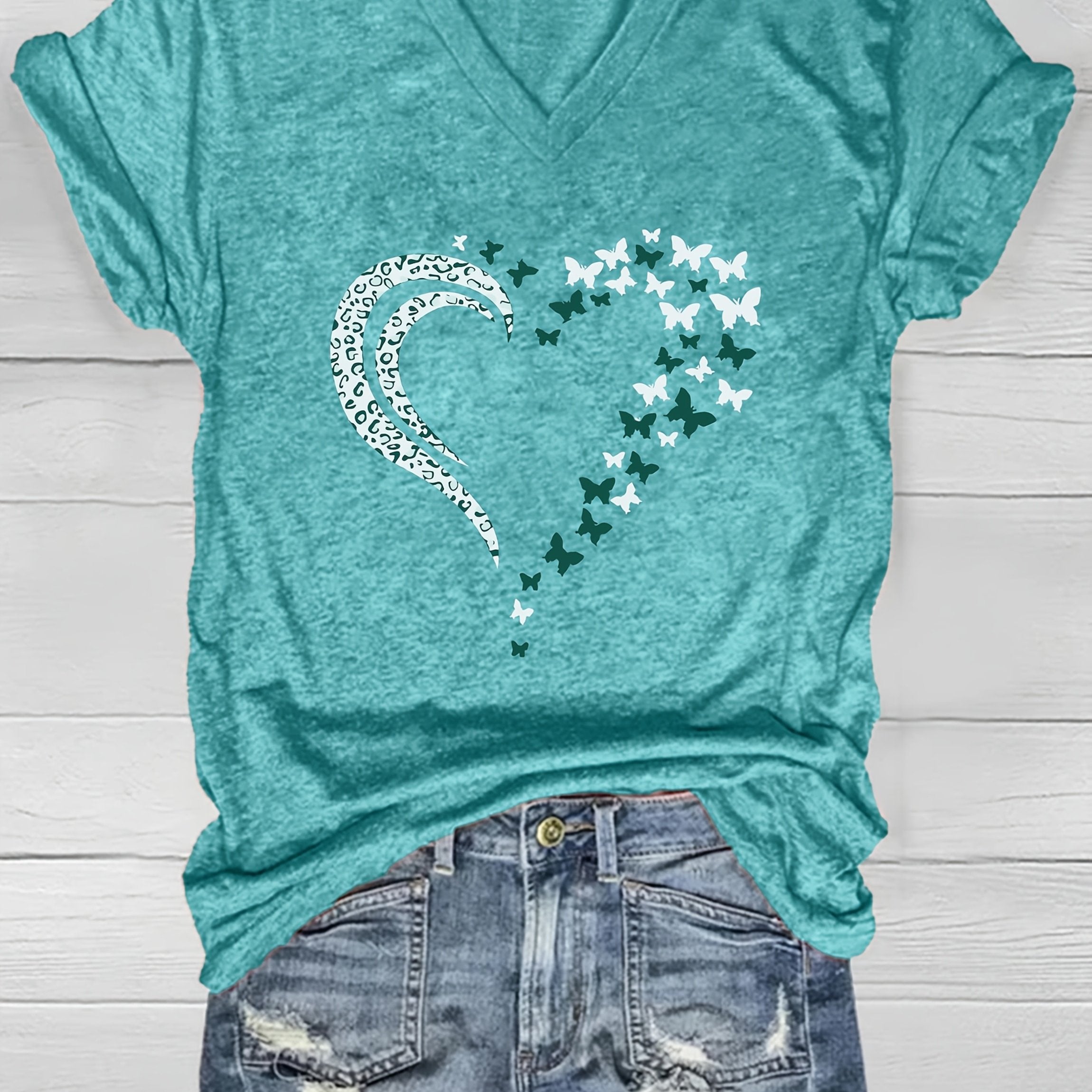 Women's V-Neck Short Sleeve T-Shirt Teal Polyester Blend Casual Summer Top