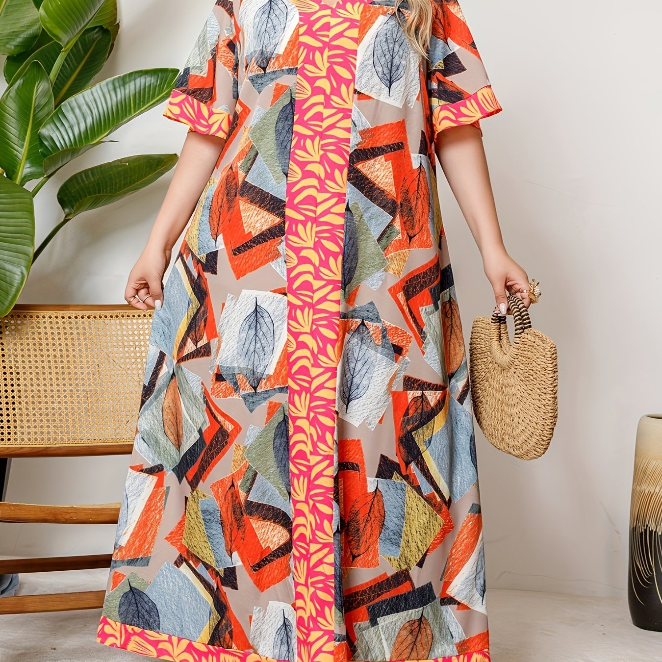 Plus Size Women's V-Neck Dress with Contrast Stitching and Middle East Style